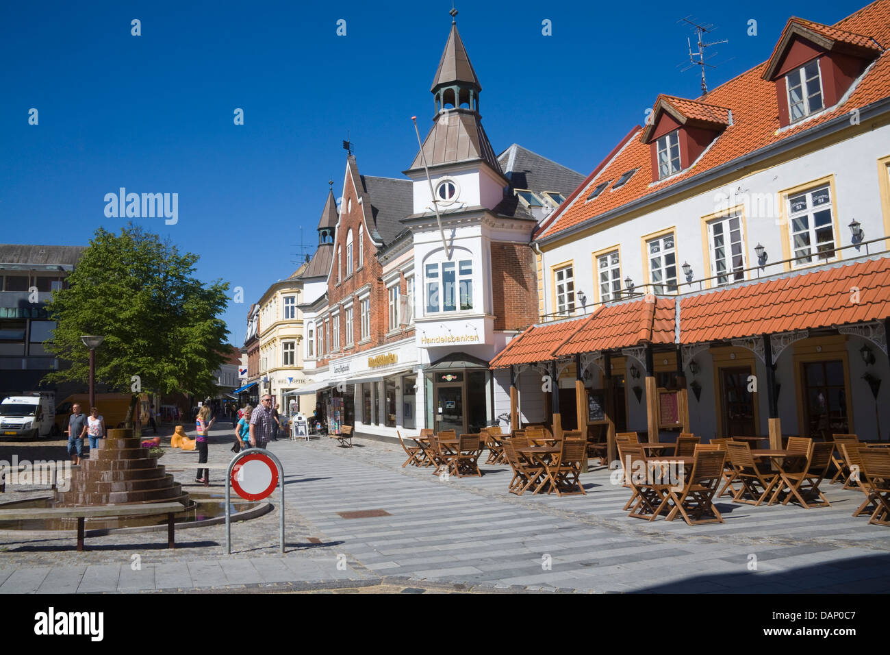 Lemvig West Jutland Denmark EU Columbus Cafe and Handelsbanken building in town centre square Stock Photo