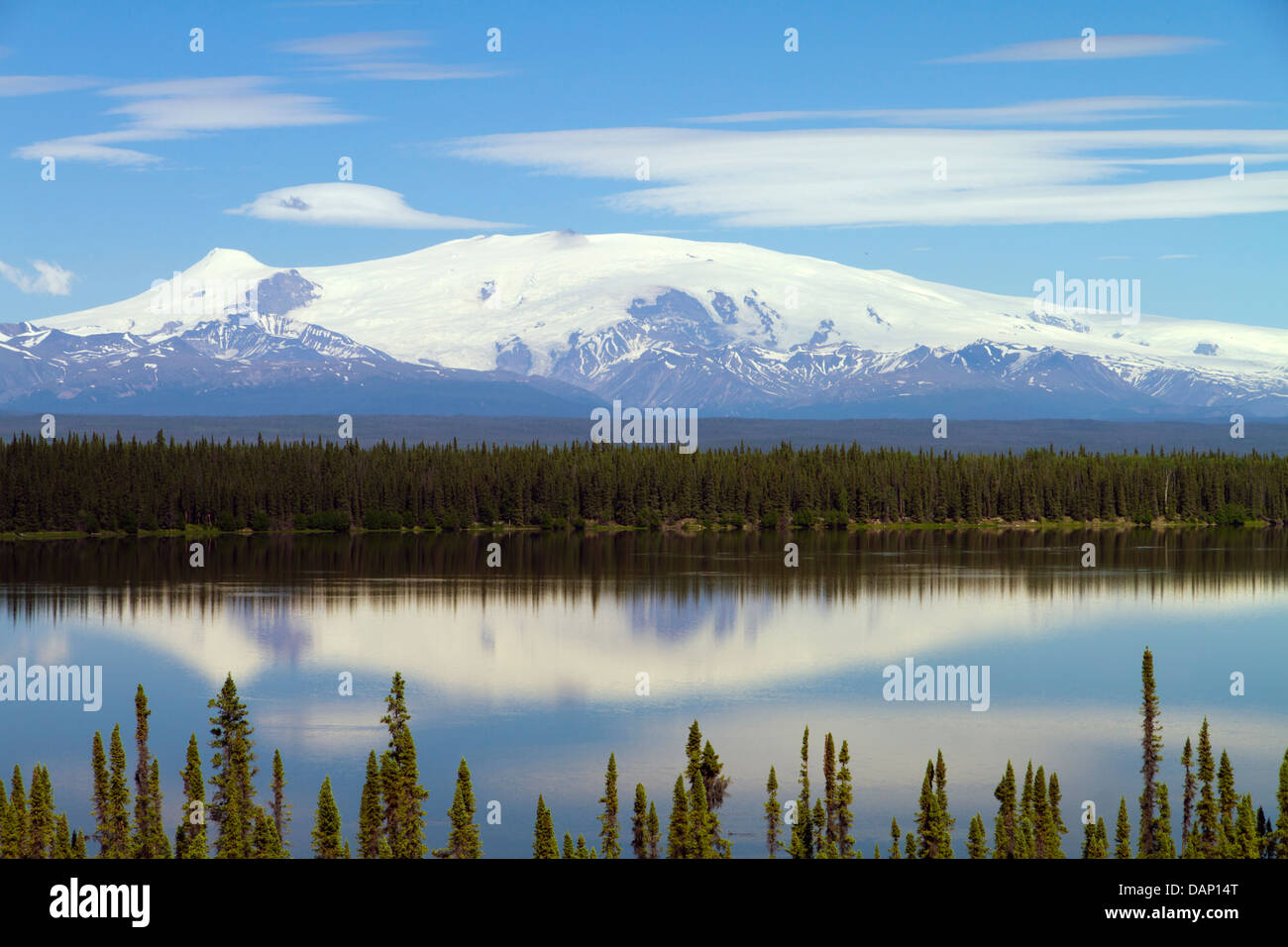 Mt Wrangell reflected in lake Stock Photo