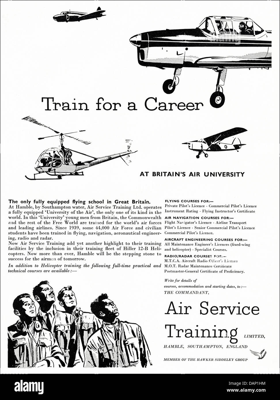 Advert for flying school by Air Service Training Ltd Hamble Southampton England UK suppliers to the aircraft industry advertisement in trade magazine circa 1955 Stock Photo