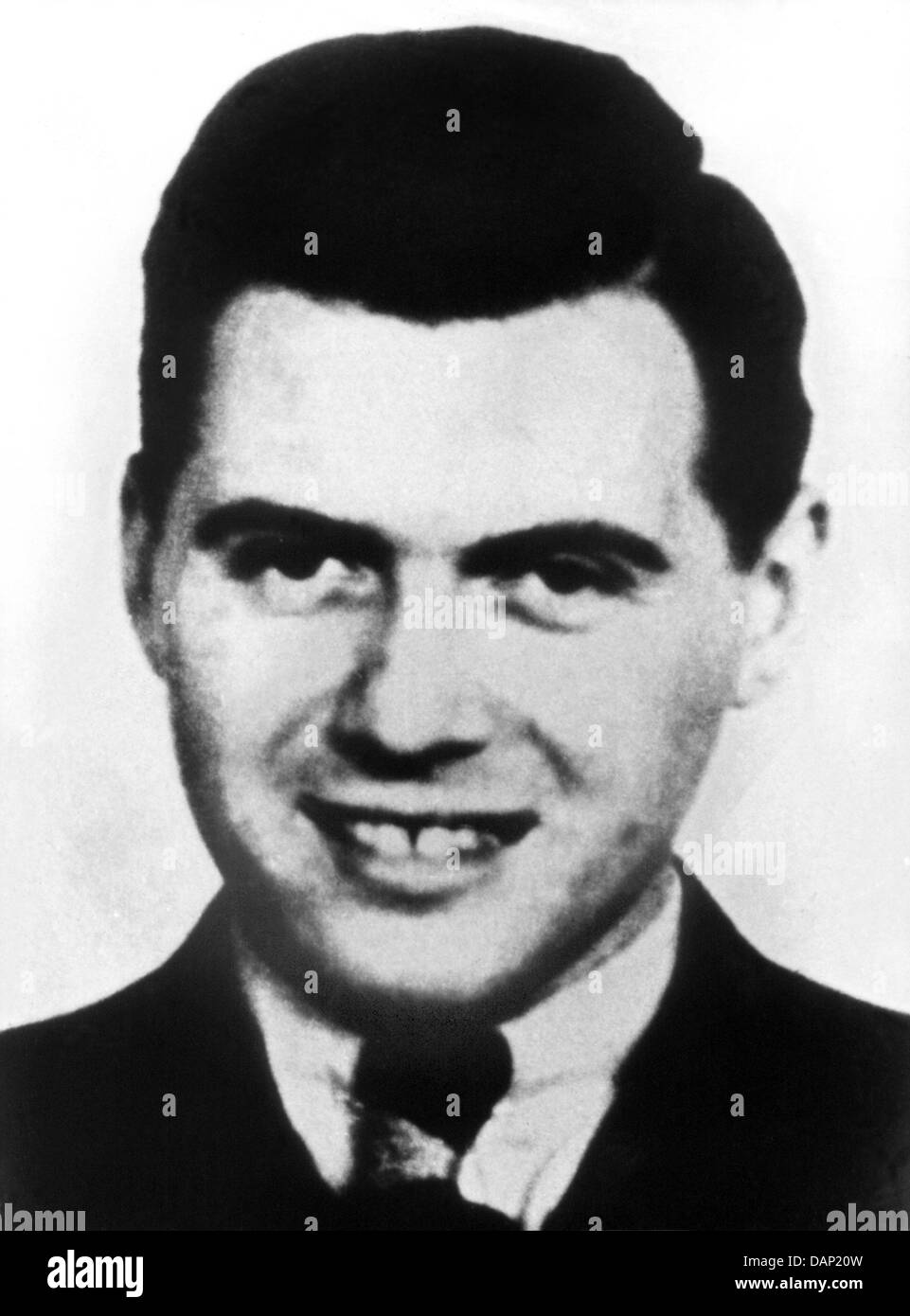 FILE - An archive picture, dated 1938, shows a portrait of concentration camp doctor Josef Mengele. According to the newspaper 'Frankfurter Allgemeinen Zeitung' (FAZ) a US American auction house wishes to put the diaries of Josef Mengele up for auction. The estimated value of the diaries is around 300,000 to 400,000 Dollar, FAZ reported.  dpa / FILE Stock Photo