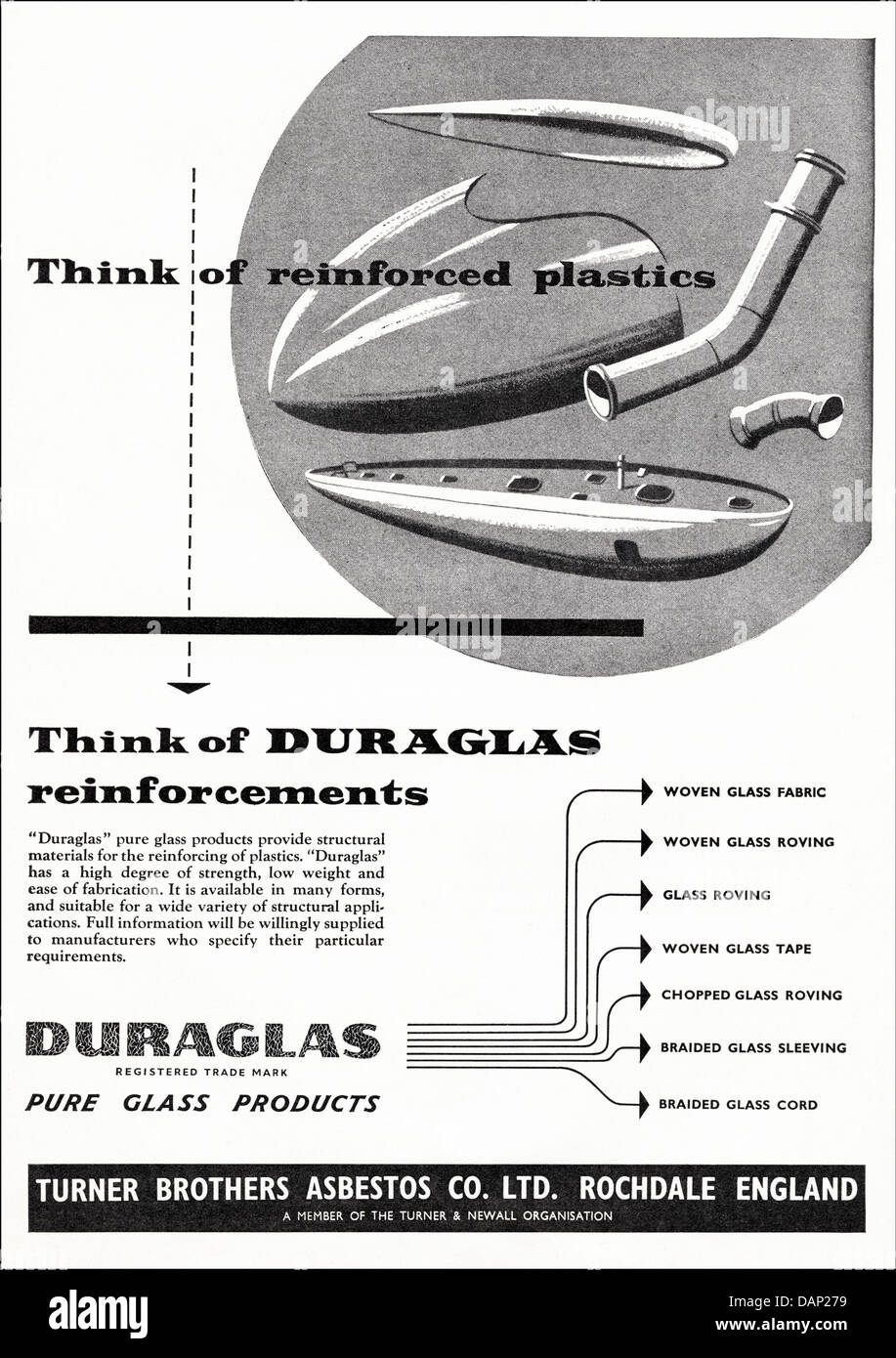 Advert For Duraglas Reinforced Plastics By Turner Brothers Asbestos Co Ltd Rochdale England Uk Suppliers To The Aircraft Industry Advertisement In Trade Magazine Circa 1955 Stock Photo Alamy
