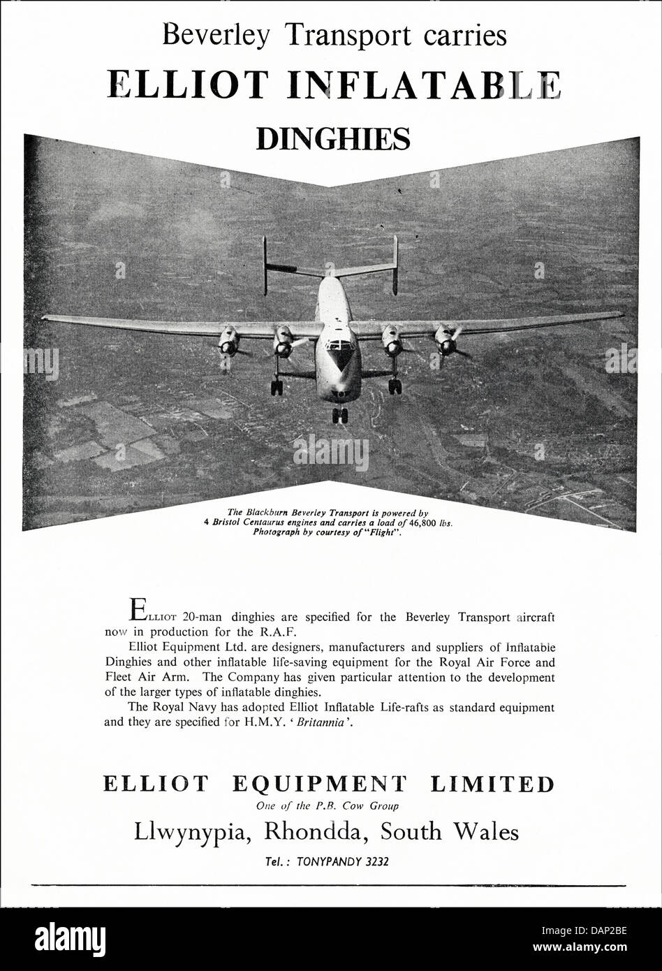 Advert for inflatable dinghies & life-saving equipment by Elliot Equipment Limited Llwynypia Rhondda South Wales UK suppliers to the aircraft industry advertisement in trade magazine circa 1955 Stock Photo