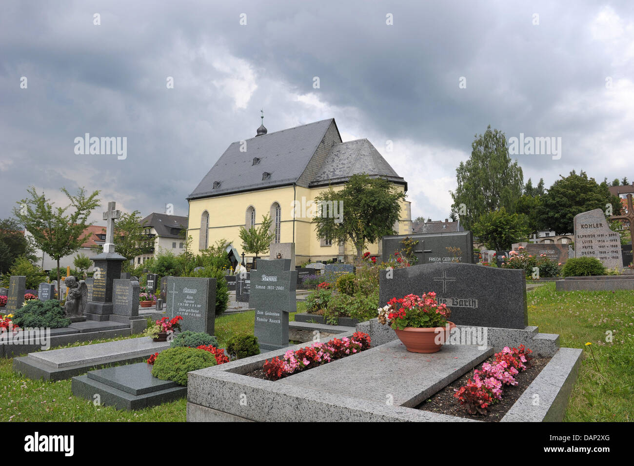 The cemetery and church in Wunsiedel, where the grave of Adolf Hitler's Deputy Rudolf Hess (1894-1987) was previously situated, is pictured on 21 July 2011, Germany. For more than two decades, the grave was a place of pilgrimmage for neo-nazis and right-wing extremists. The remains of Rudolf Hesse have been exhumed and his grave destroyed. Hess's remains are to be cremated and the  Stock Photo