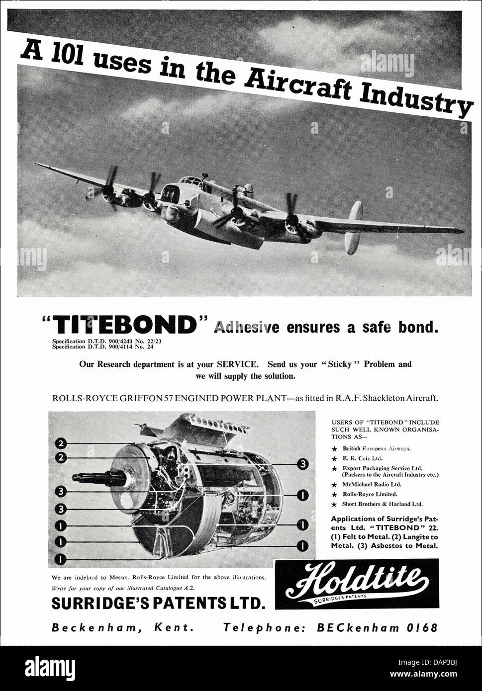Advert for Titebond adhesive by Surridge's Patents Ltd Beckenham Kent England UK suppliers to the aircraft industry advertisement in trade magazine circa 1955 Stock Photo