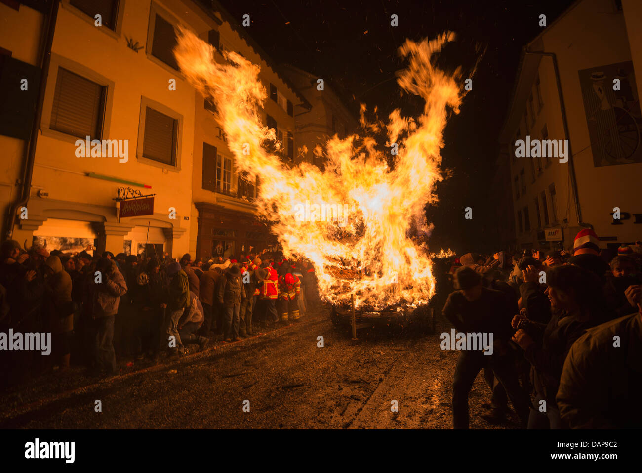 Europe, Switzerland, Liestal, Fasnact spring carnival fire festival Stock Photo