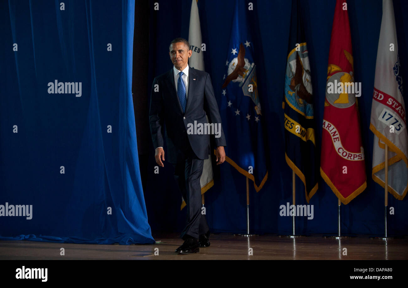 United States President Barack Obama arrives on stage to speak about the administration's efforts to prepare the nation's veterans for the workforce at the Washington Navy Yard in Washington, DC, Friday, August 5, 2011. .Credit: Olivier Douliery / Pool via CNP Stock Photo