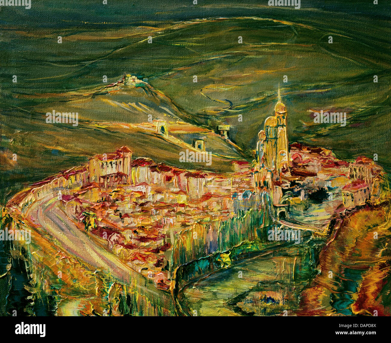 An oil painting on canvas of fairytale kingdom, far away in the dark shadows of a mystic mountain lands. Stock Photo