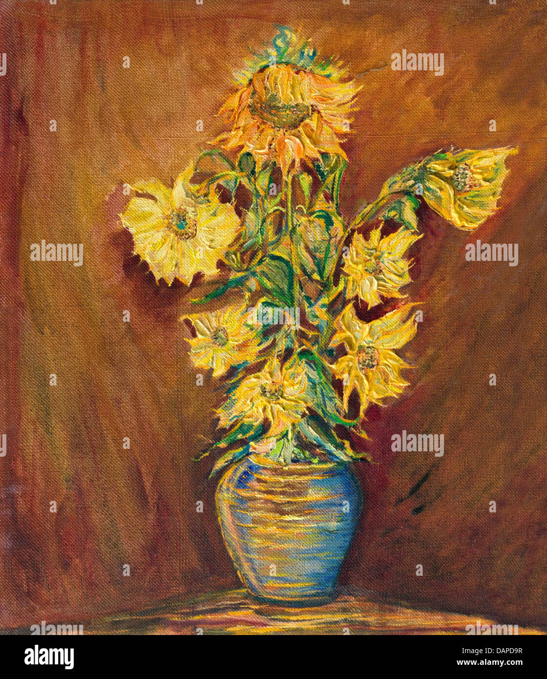 An oil painting on canvas of bright colorful Sunflowers bouquet over a ...