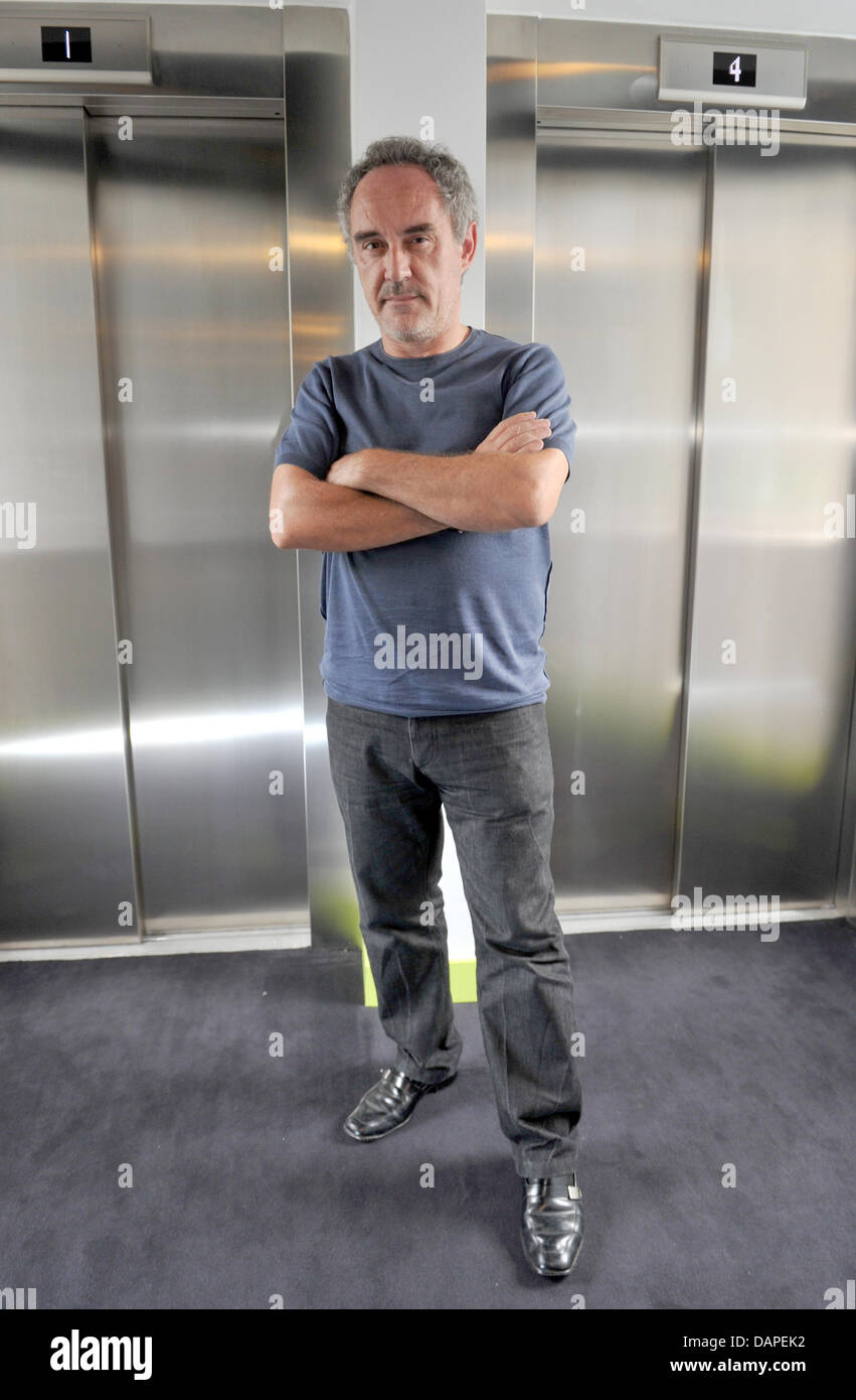 Spanish 3-star chef Ferran Adria poses at Hotel Gat Point Charlie in Berlin, Germany, 15 August 2011. Adria was the chef at El Bulli restaurant in Roses on the Costa Brava, which closed on 30 July 2011. For the documentary film, 'El Bulli - Cooking in Progress', the chef was accompanied at work in his molecular gastronomy restaurant for a year and the film premieres Monday evening  Stock Photo