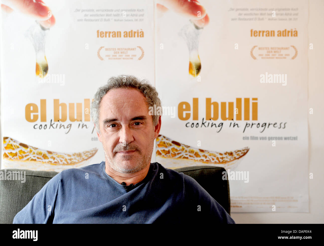 Spanish 3-star chef Ferran Adria poses at Hotel Gat Point Charlie in Berlin, Germany, 15 August 2011. Adria was the chef at El Bulli restaurant in Roses on the Costa Brava, which closed on 30 July 2011. For the documentary film, 'El Bulli - Cooking in Progress', the chef was accompanied at work in his molecular gastronomy restaurant for a year and the film premieres Monday evening  Stock Photo