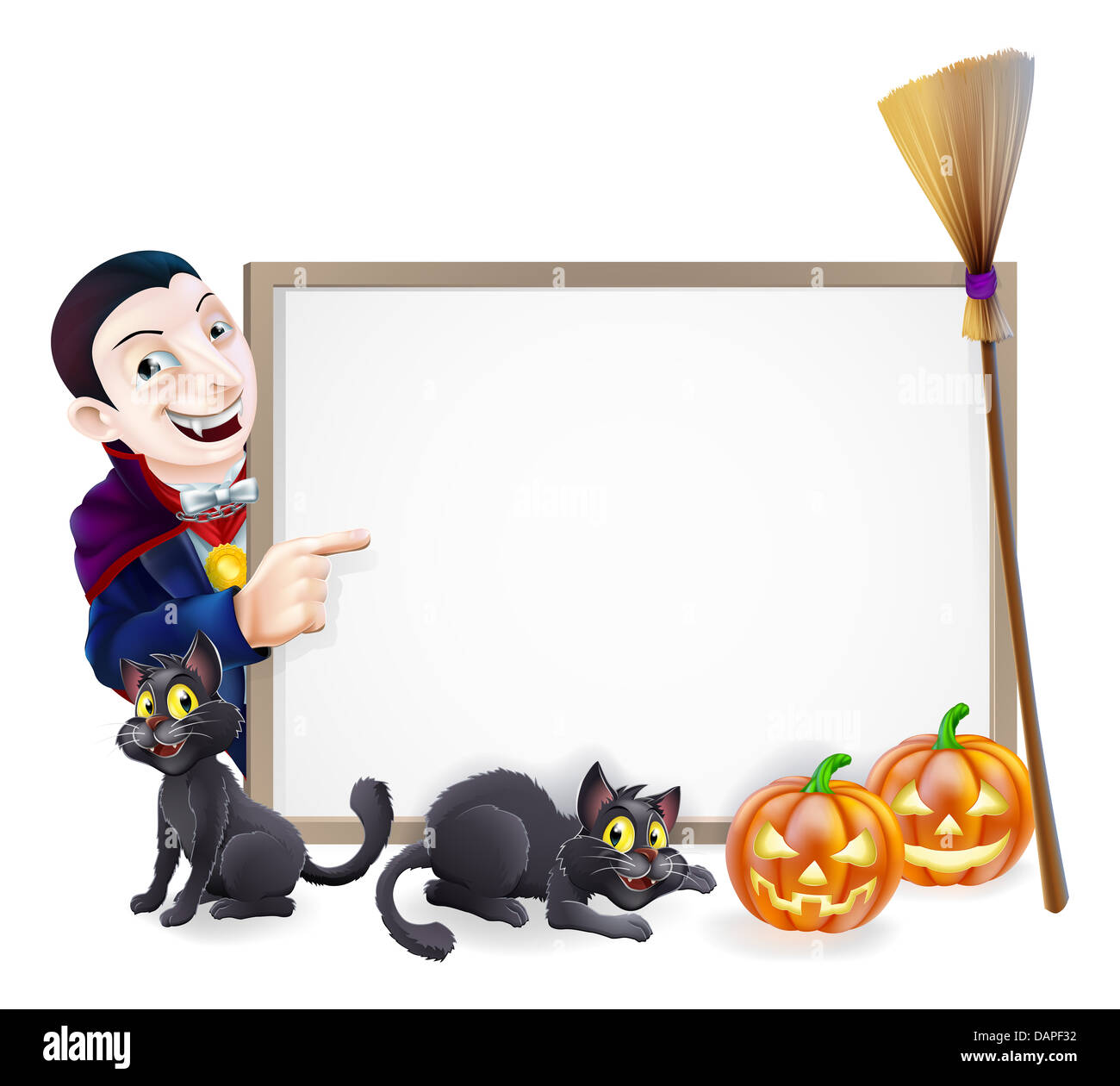 Halloween sign with orange Halloween pumpkins and black witch's cats, witch's broom stick and cartoon Dracula Vampire Character Stock Photo