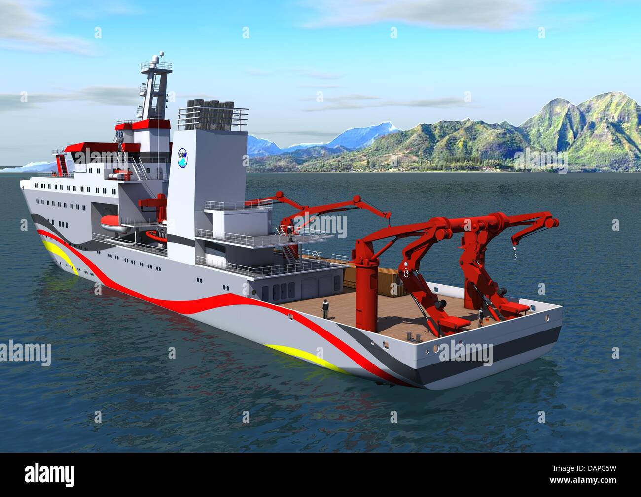 An undated computer animated handout shows the research ship 'Sonne' in Rostock, Germany. German Minister for Science Schavan has signed the contract for the construction of a new research vessel. The 'Sonne', one of the world's most modern work platforms for maritime biologists will coast about 125 million Euro. Photo: Meyer Wharf Stock Photo