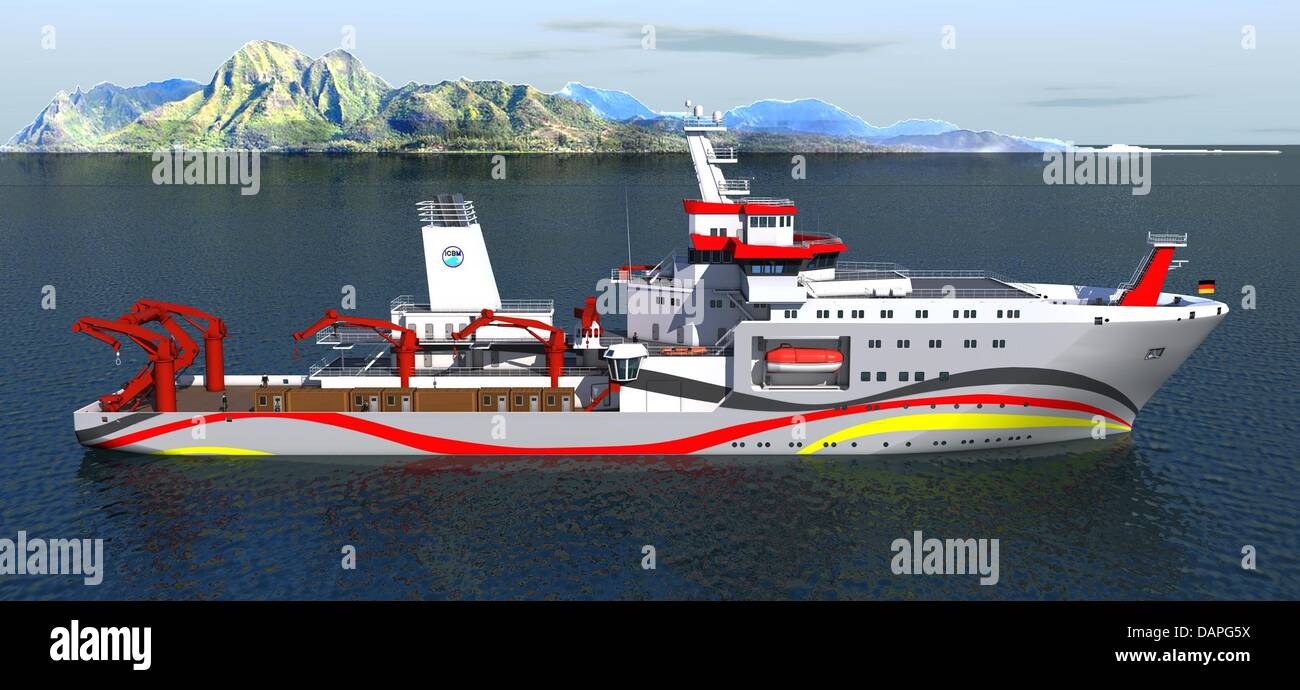 An undated computer animated handout shows the research ship 'Sonne' in Rostock, Germany. German Minister for Science Schavan has signed the contract for the construction of a new research vessel. The 'Sonne', one of the world's most modern work platforms for maritime biologists will coast about 125 million Euro. Photo: Meyer Wharf Stock Photo