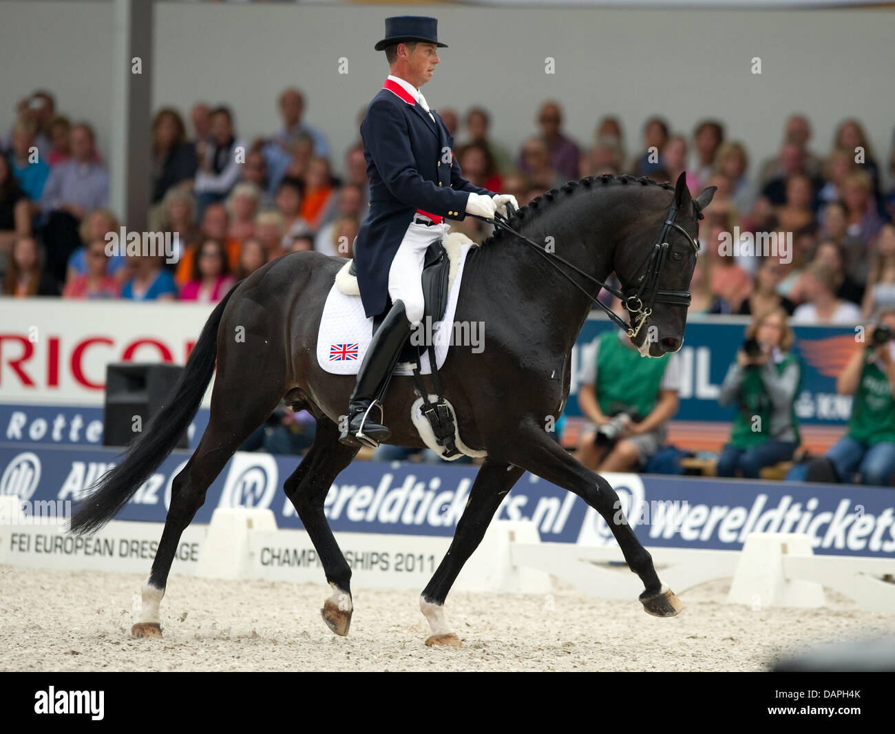 Britain's Carl Hester in action on his horse Uthopia during the Grand Prix Special at the European Dressage Championship in Rotterdam, Netherlands, 20 August 2011. Cornelissen took first place. Hester took second place. Photo: Uwe Anspach Stock Photo