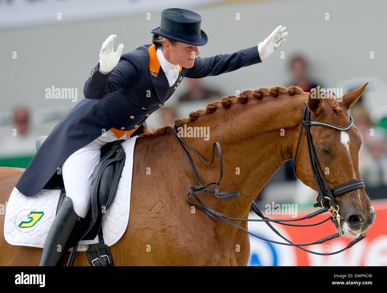 Dutch equestrian Adelinde Cornelissen praises her horse Jerich Parzival during the Grand Prix Special at the European Dressage Championship in Rotterdam, Netherlands, 20 August 2011. Cornelissen took first place. Photo: Uwe Anspach Stock Photo