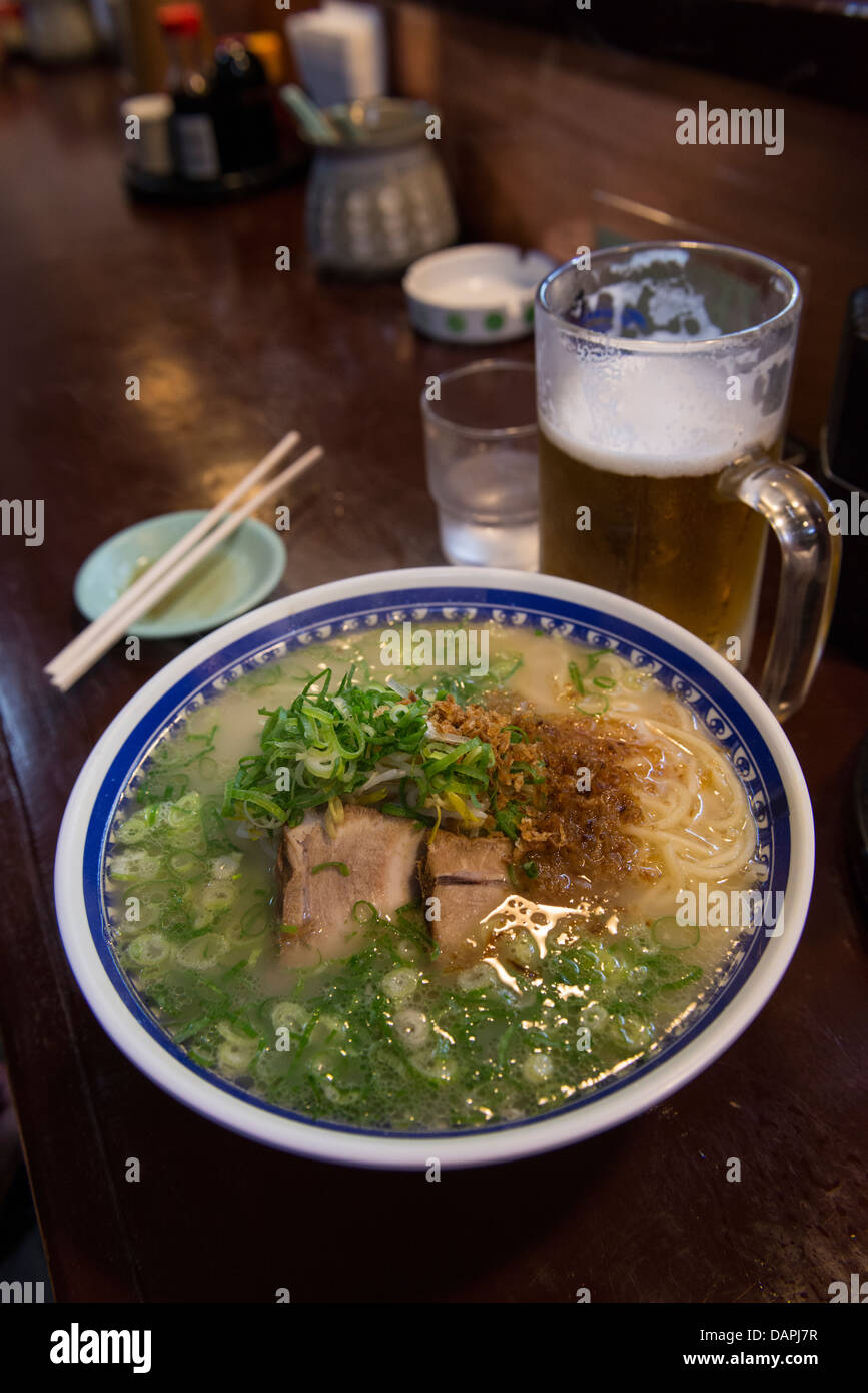 Pork Ramen & Cold Japanese Beer, Tenmonkan, Kagoshima, Japan Stock