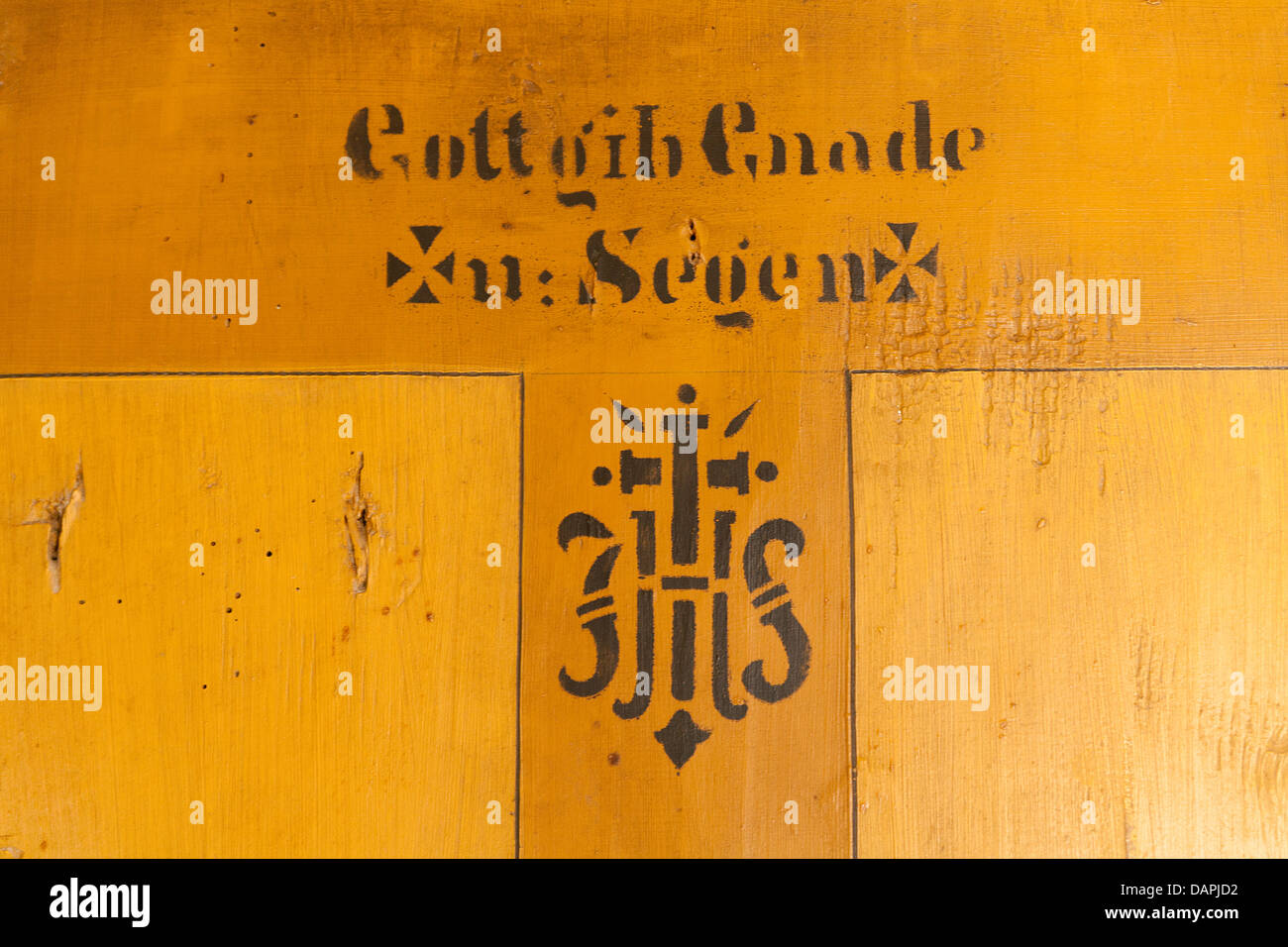 Germany, Bavaria, Imprint of god on old wood bed Stock Photo