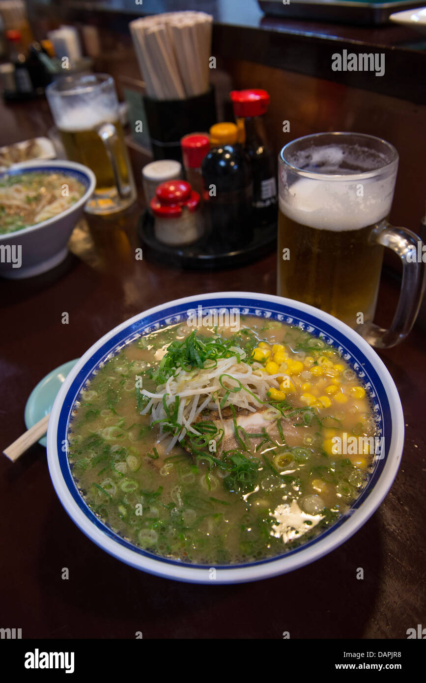 Pork Ramen & Cold Japanese Beer, Tenmonkan, Kagoshima, Japan Stock