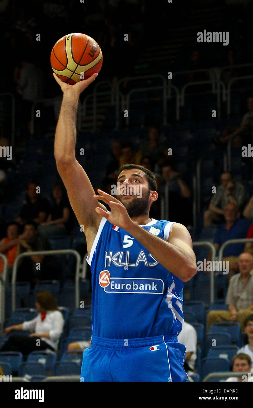 Greece's national basketball player Giannis Bourousis tries to score