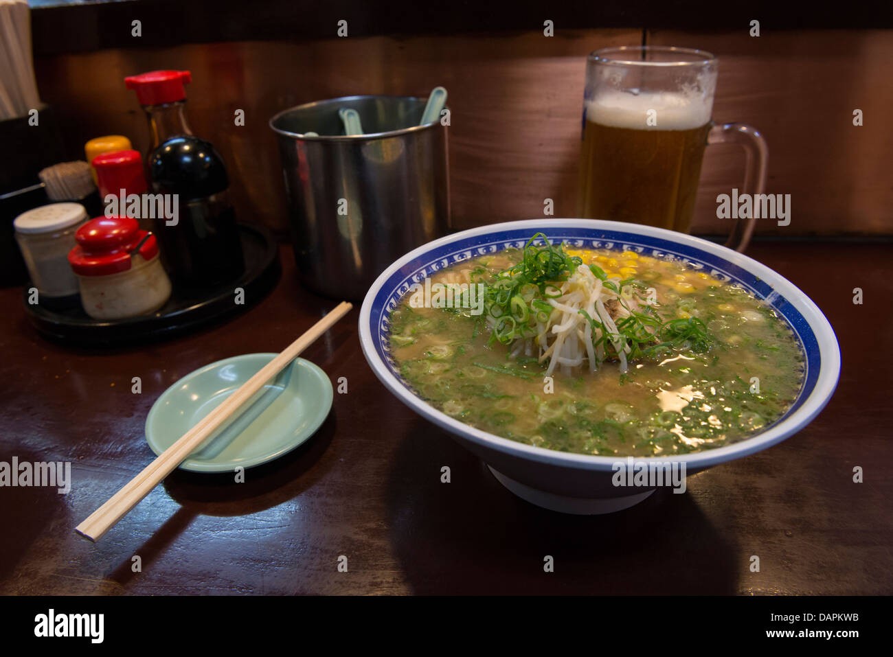 Pork Ramen & Cold Japanese Beer, Tenmonkan, Kagoshima, Japan Stock