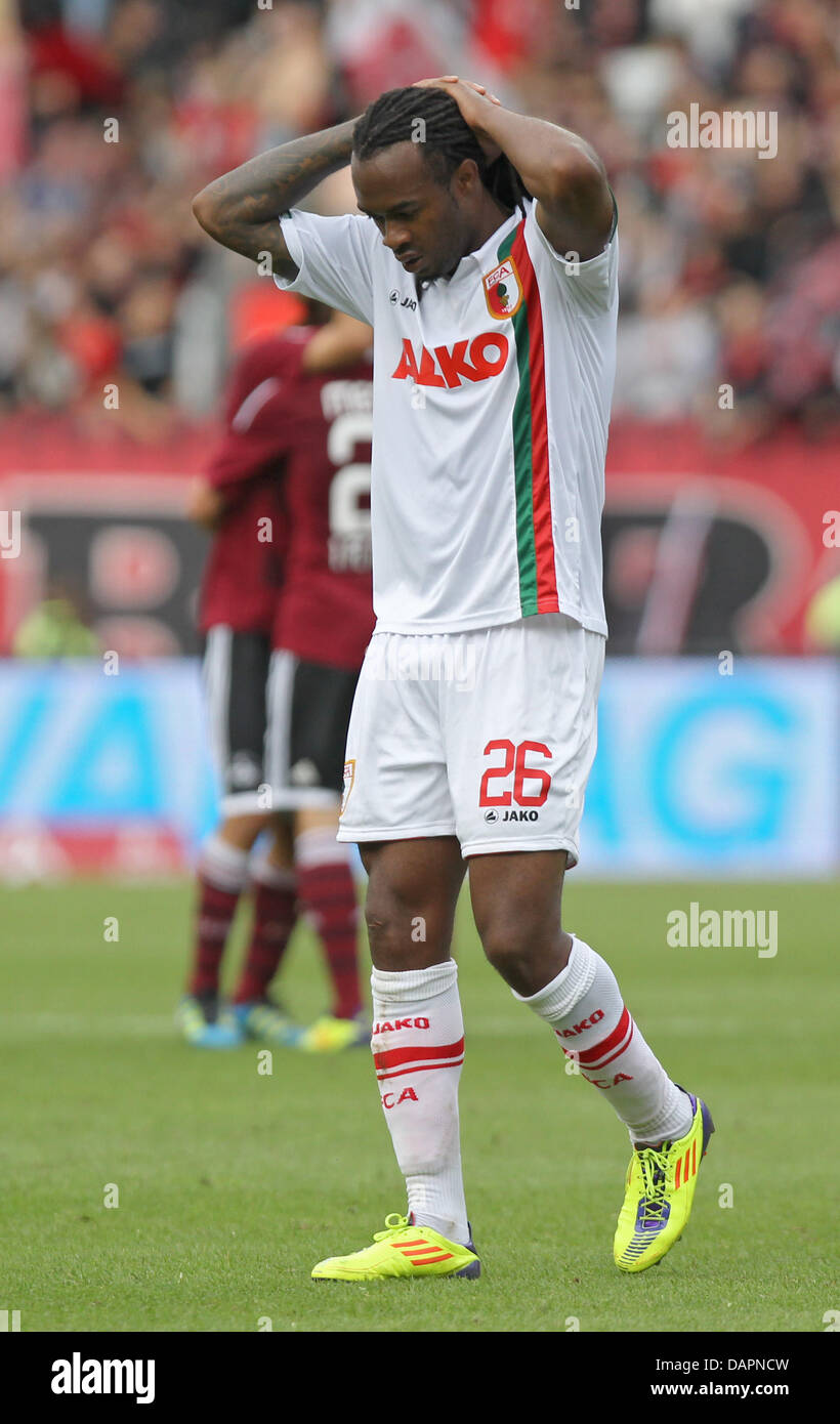 Augsburg's Lorenzo Davids is disappointed after the German Bundesliga match 1st FC Nuremberg vs FC Augsburg at the easyCredit Stadium in Nuremberg, Germany, 27 August 2011. Nuremberg won by 1-0. Photo: DANIEL KARMANN  (ATTENTION: EMBARGO CONDITIONS! The DFL permits the further utilisation of the pictures in IPTV, mobile services and other new technologies only no earlier than two h Stock Photo