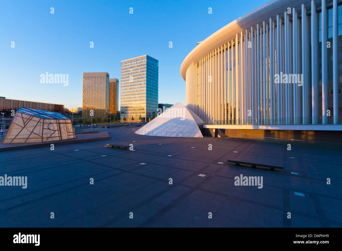 Luxembourg, View of Philharmonie with Parliament building in background Stock Photo