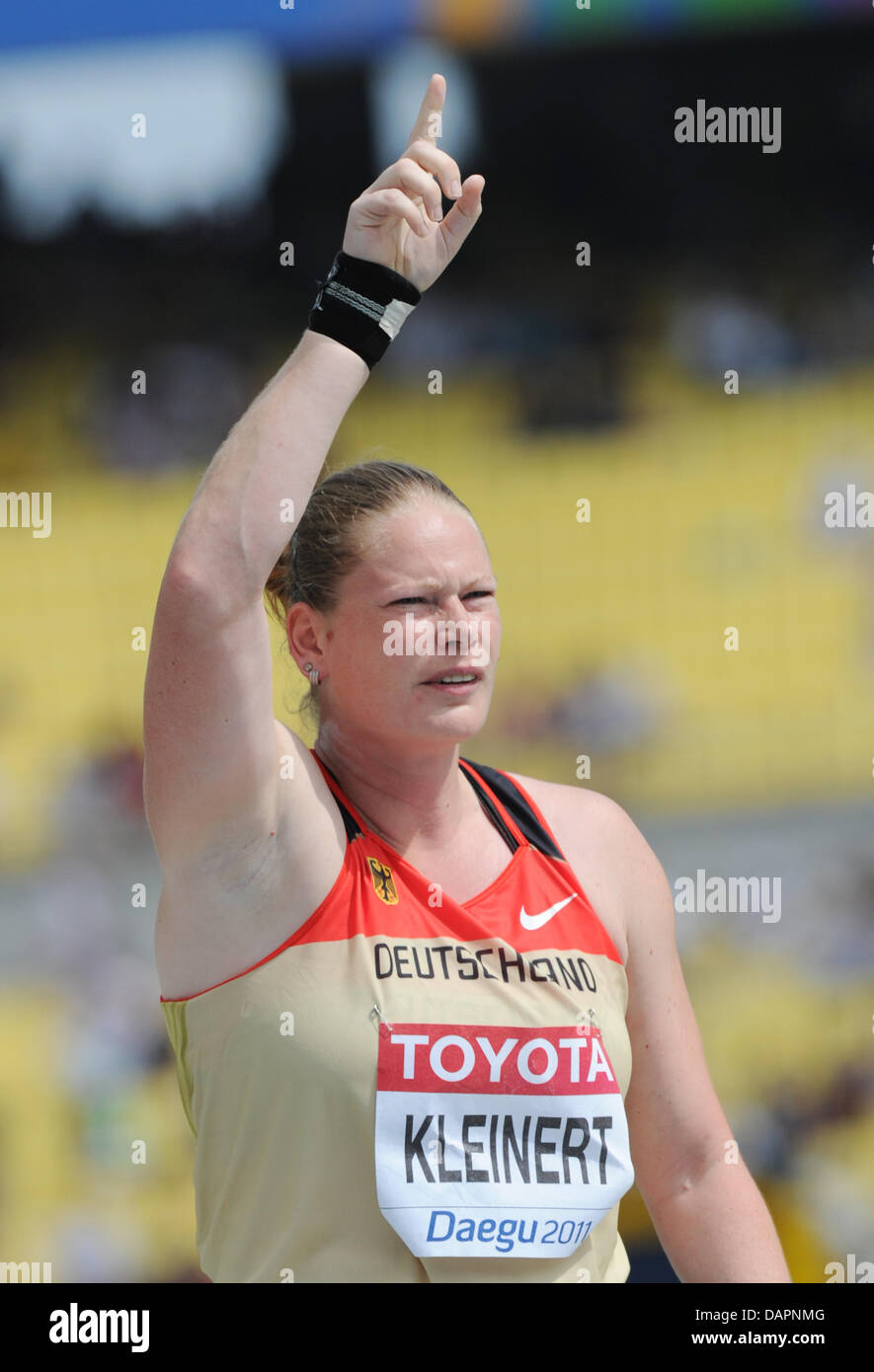 Nadine Kleinert of Germany reacts in the Women's Shot Put Qualification at the 13th IAAF World Championships in Athletics, in Daegu, Republic of Korea, 28 August 2011. Photo: Rainer Jensen dpa Stock Photo