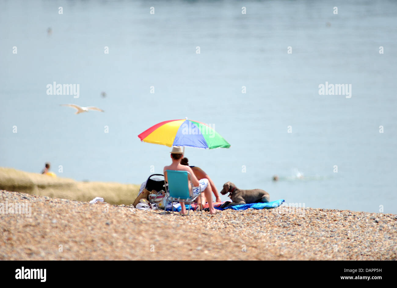 Hove, UK. . Taking shade under an umbrella on Hove beach today as the heatwave in the UK continues Stock Photo