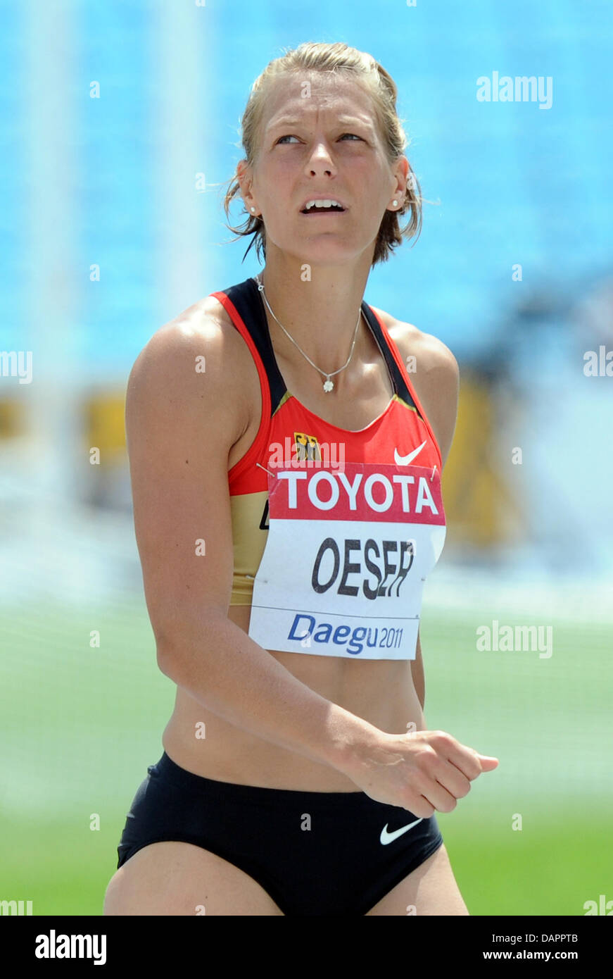 Jennifer Oeser of Germany reacts in High Jump event of the Heptathlon competition at the 13th IAAF World Championships in Athletics, in Daegu, Republic of Korea, 29 August 2011. Photo: Rainer Jensen dpa Stock Photo