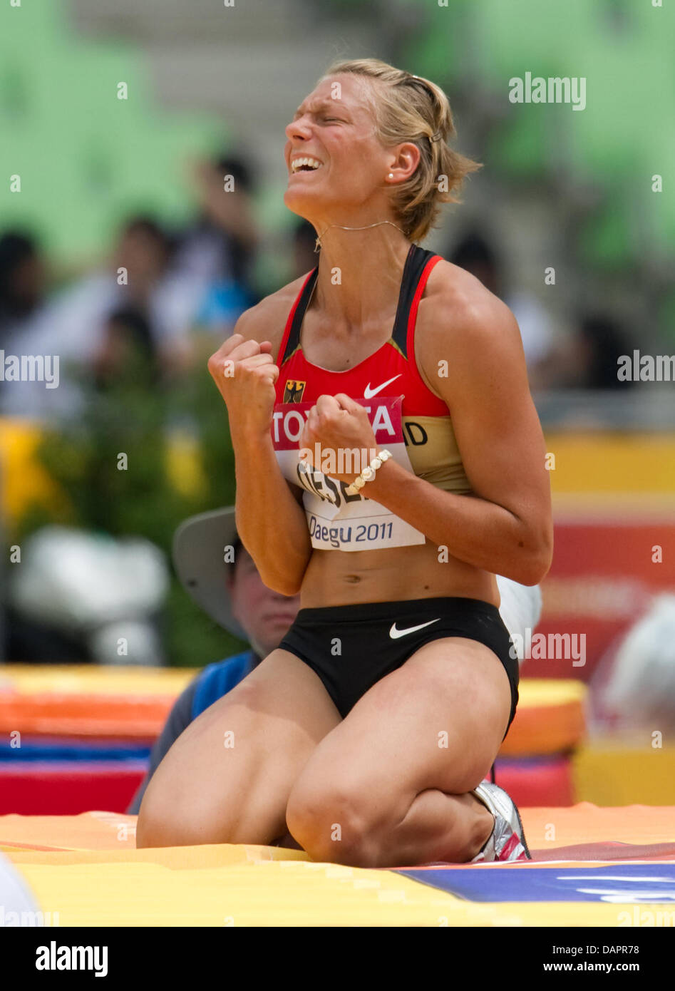 Jennifer Oeser of Germany reacts in the womens High Jump event of the Heptathlon competition at the 13th IAAF World Championships in Athletics, in Daegu, Republic of Korea, 29 August 2011. Photo: Bernd Thissen dpa Stock Photo