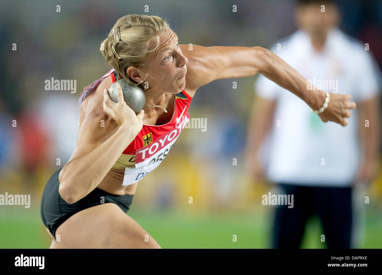 Jennifer Oeser of Germany competes in the Shot Put event of the Heptathlon competition at the 13th IAAF World Championships in Athletics in Daegu, Republic of Korea, 29 August 2011. Photo: Bernd Thissen dpa  +++(c) dpa - Bildfunk+++ Stock Photo
