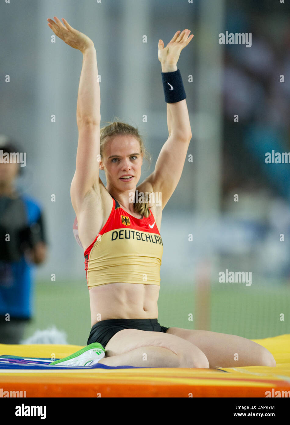 Silke Spiegelburg of Germany reacts in the Women's Pole Vault final at