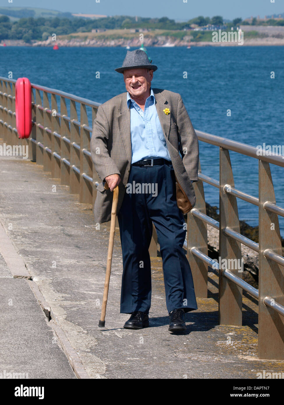 Very old man with walking stick, UK 2013 Stock Photo