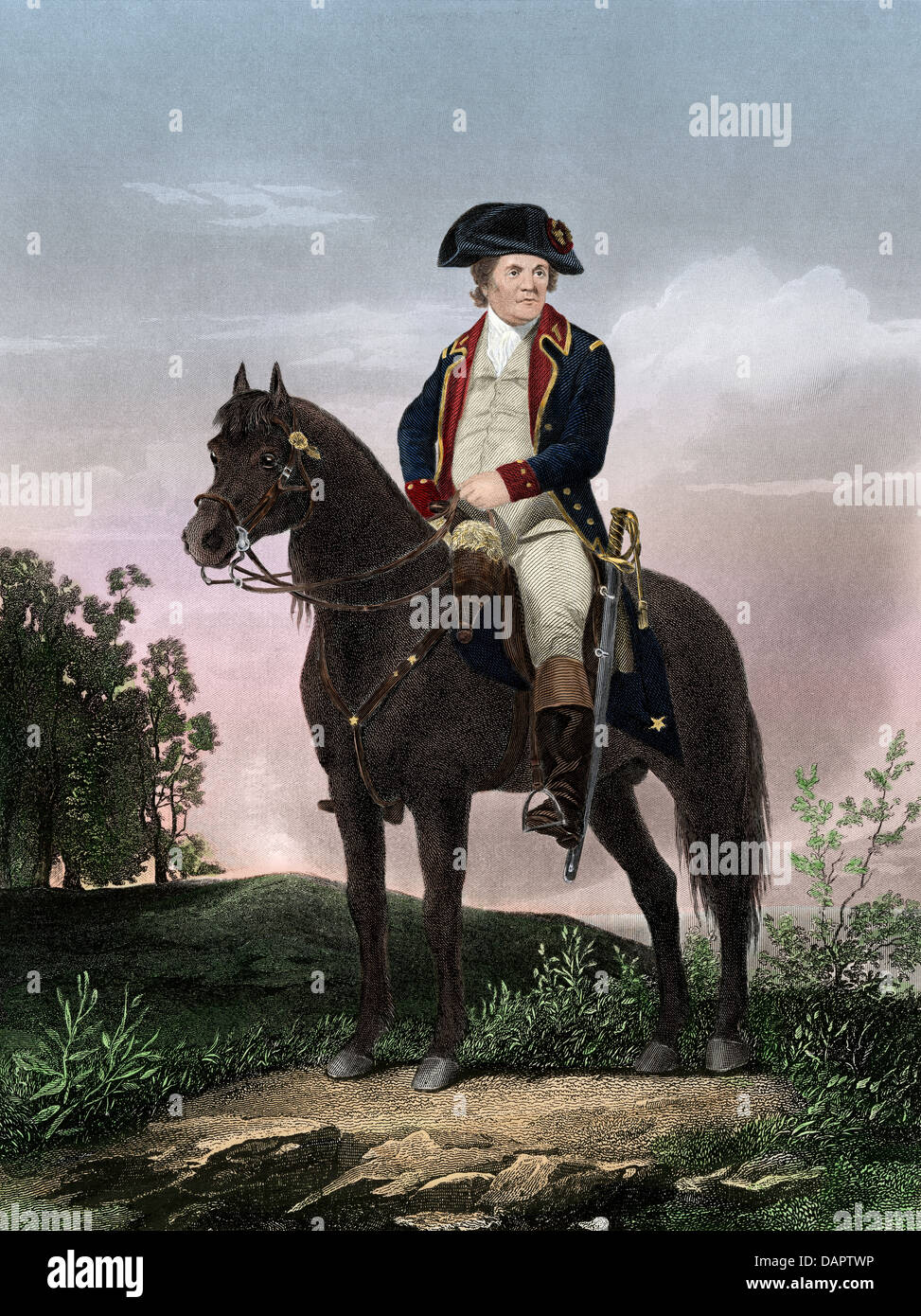 General Israel Putnam on horseback, Revolutionary War Hand-colored steel engraving Stock Photo