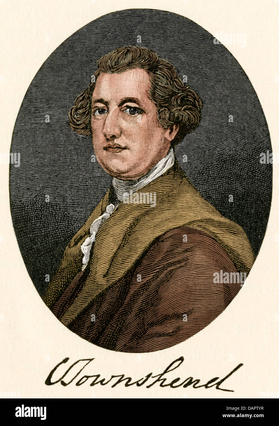 English statesman Charles Townshend, who introduced the tea tax on colonies. Hand-colored woodcut Stock Photo