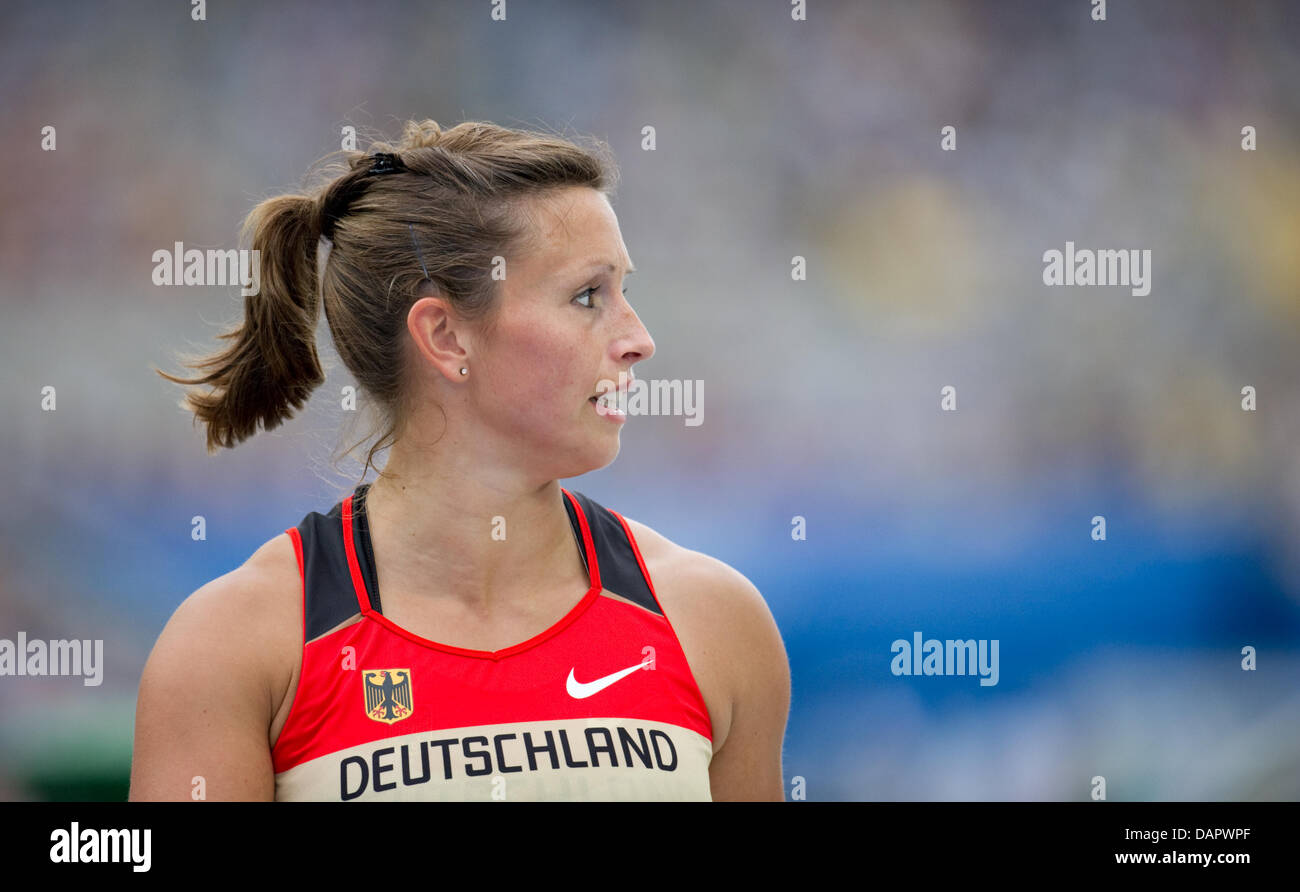 Kathrin Klaas of Germany reacts in the women's Hammer Throw