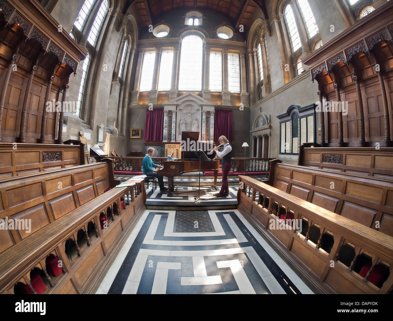Musicians performing in the Chapel of Hertford College, Oxford - fisheye view Stock Photo