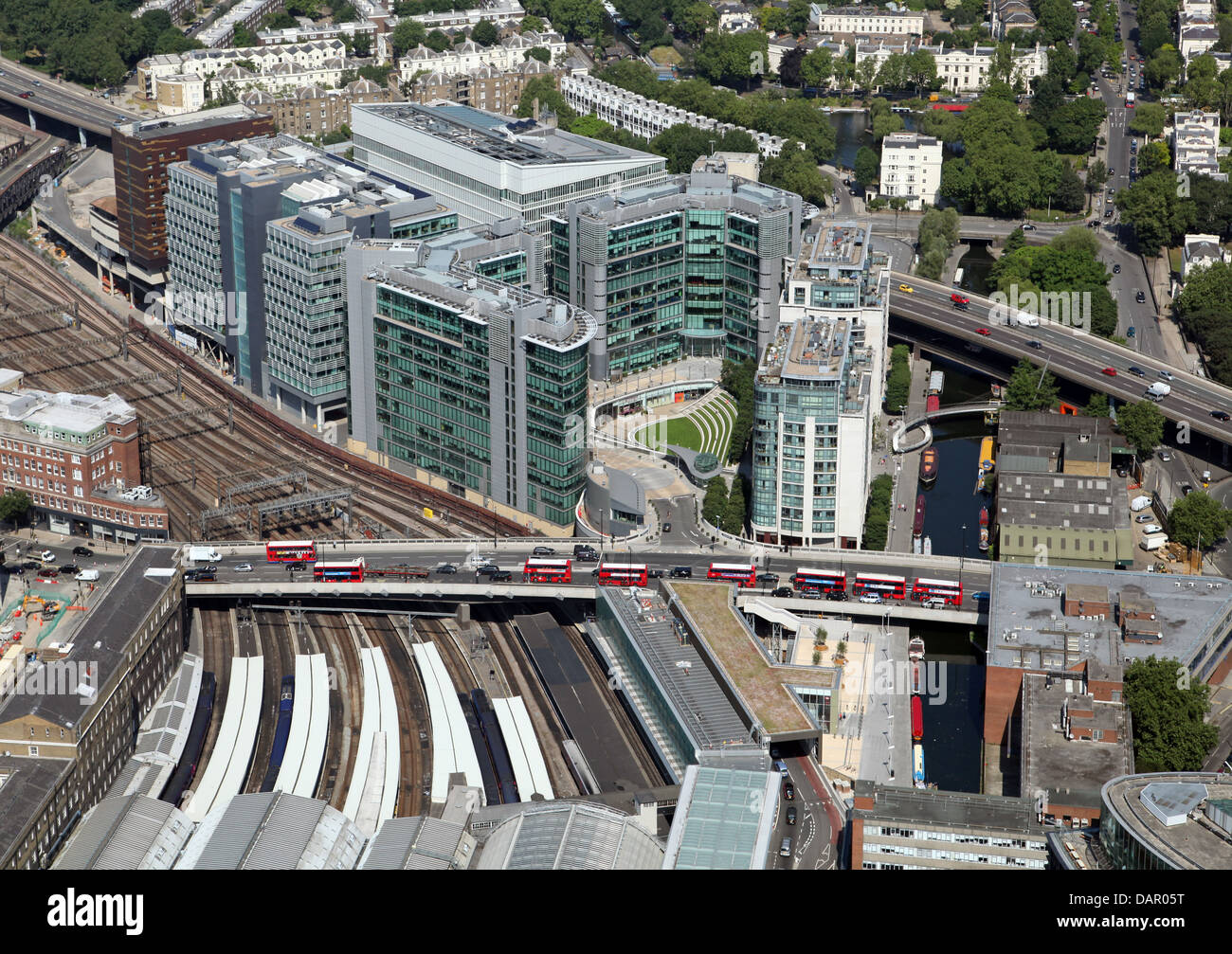 aerial view of Bridge Road in London, line of red London buses