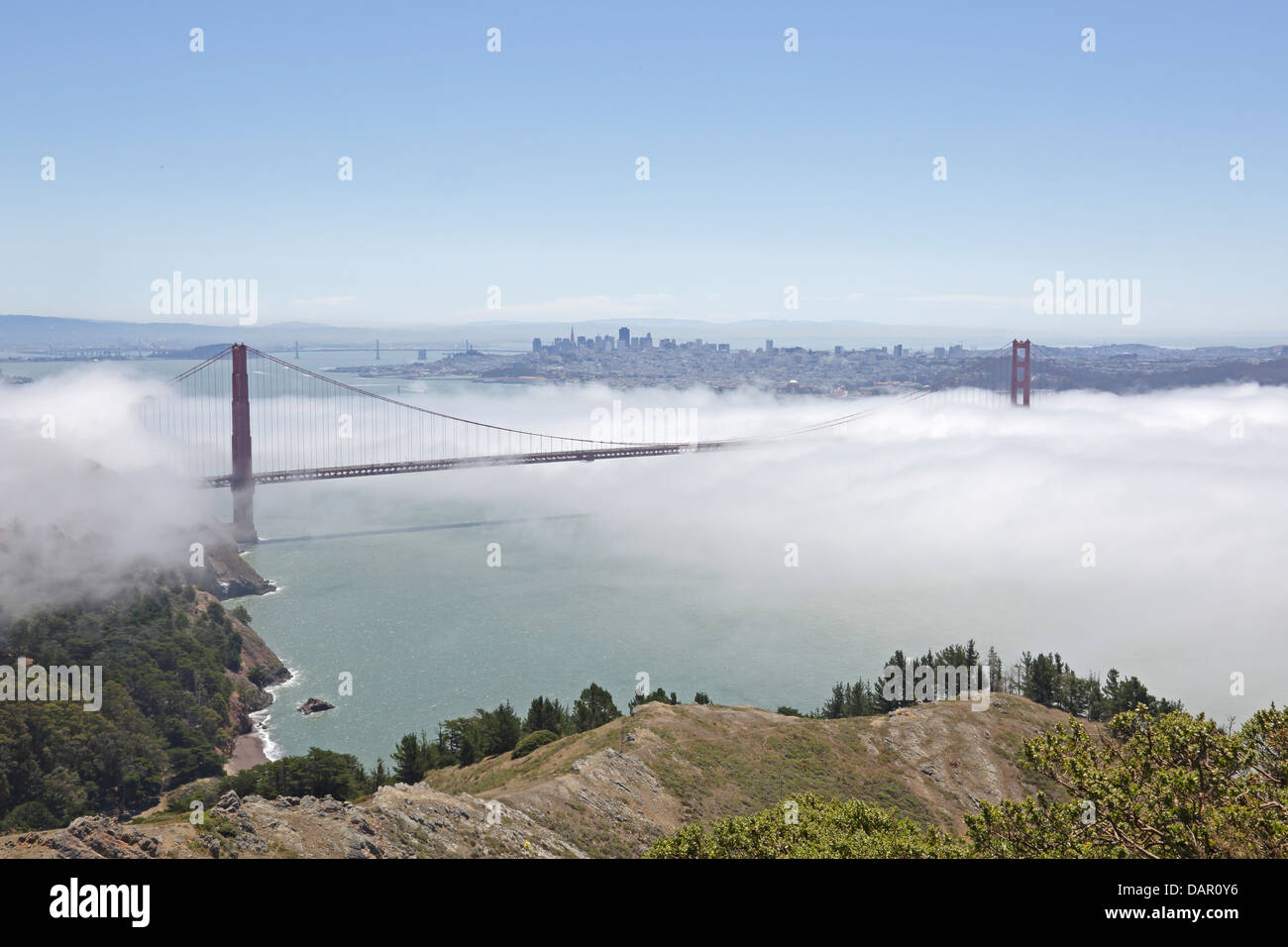 View of Golden Gate Bridge in the fog taken from Hawk Hill Stock Photo