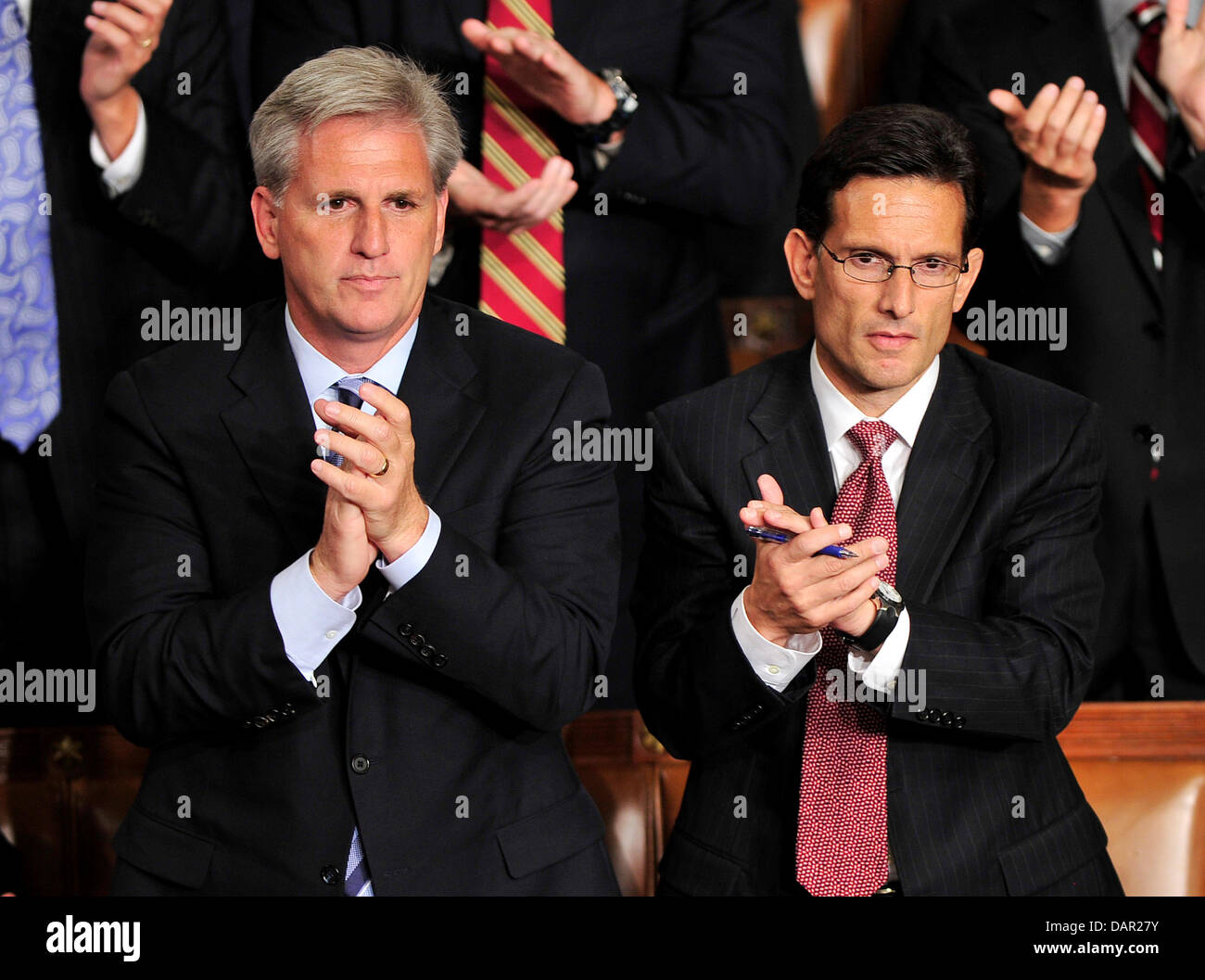 United States House Majority Whip Kevin McCarthy (Republican of California), left, and U.S. House Majority Leader Eric Cantor (Republican of Virginia), right, applaud as President Barack Obama delivers an address on jobs andthe economy to a Joint Session of Congress at the Capitol in Washington, D.C. on Thursday, September 8, 2011..Credit: Ron Sachs / CNP.(RESTRICTION: NO New York  Stock Photo