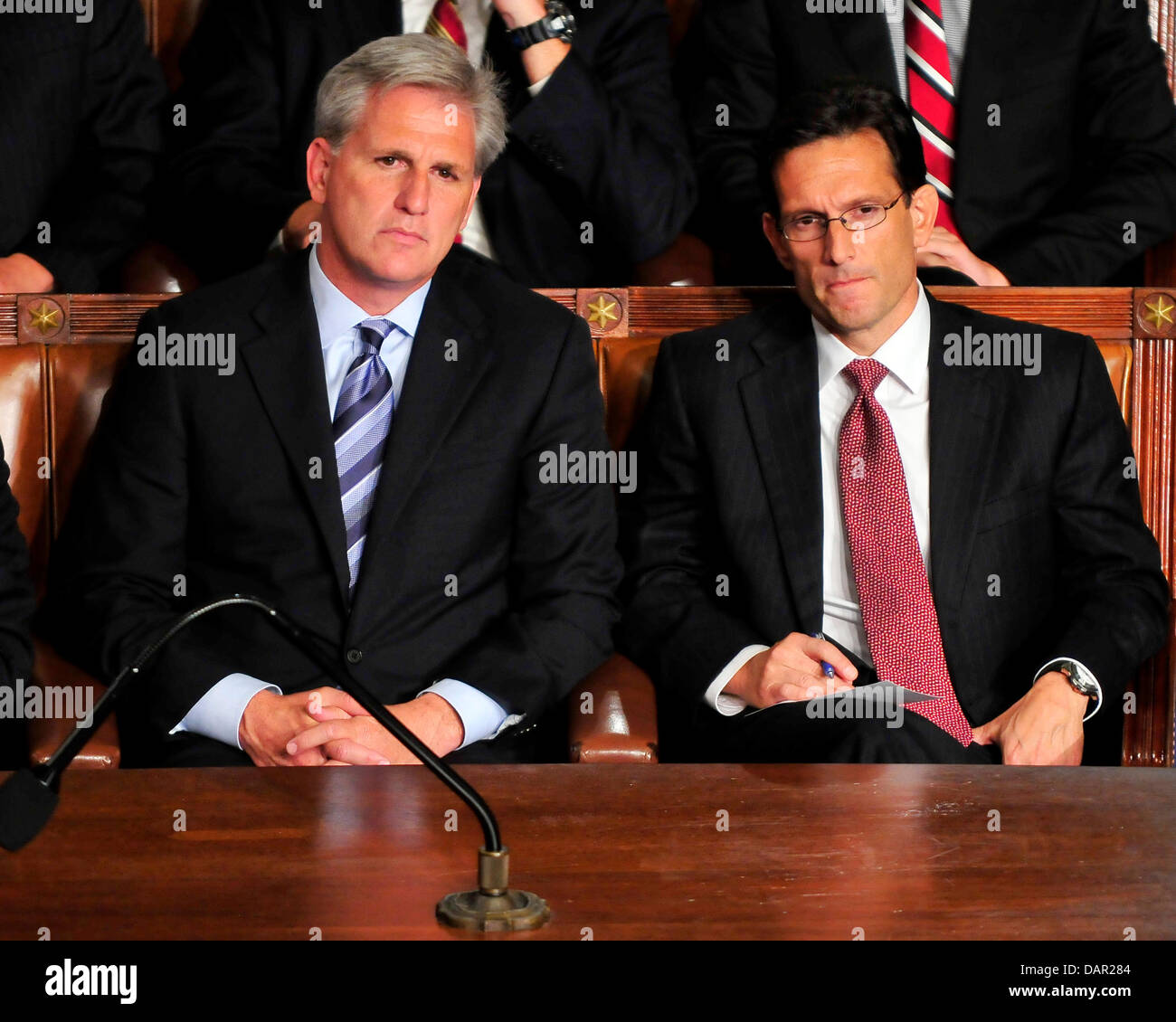 United States House Majority Whip Kevin McCarthy (Republican of California), left, and U.S. House Majority Leader Eric Cantor (Republican of Virginia), right, listen as President Barack Obama delivers an address on jobs andthe economy to a Joint Session of Congress at the Capitol in Washington, D.C. on Thursday, September 8, 2011..Credit: Ron Sachs / CNP.(RESTRICTION: NO New York o Stock Photo