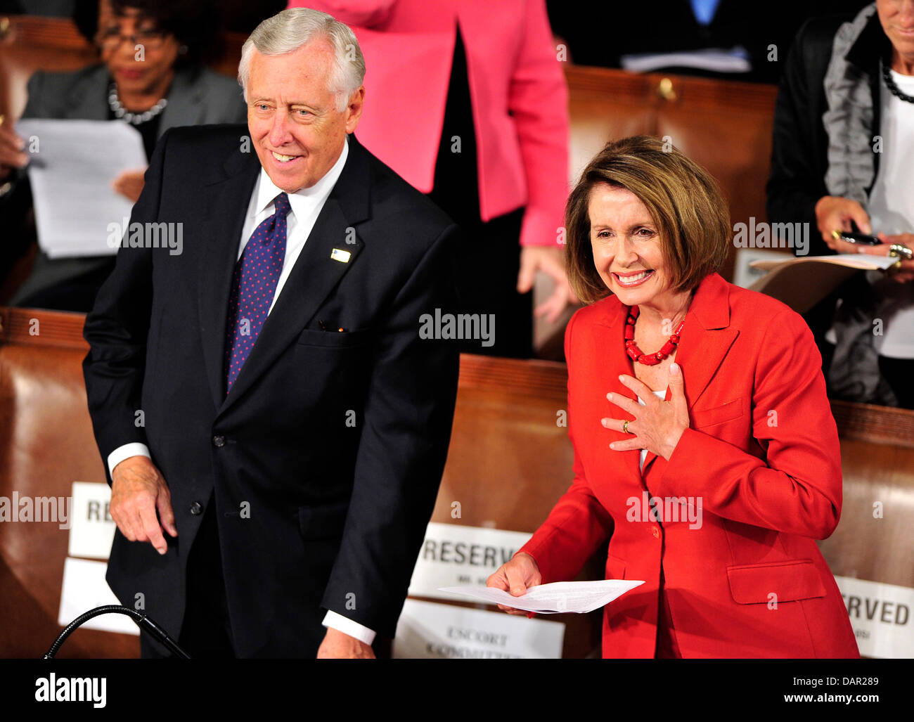 United States House Democratic Whip Steny Hoyer (Democrat of Maryland) and U.S. House Democratic Leader Nancy Pelosi (Democrat of California) await the arrival of U.S. President Barack Obama to deliver an address on jobs andthe economy to a Joint Session of Congress at the Capitol in Washington, D.C. on Thursday, September 8, 2011..Credit: Ron Sachs / CNP.(RESTRICTION: NO New York  Stock Photo