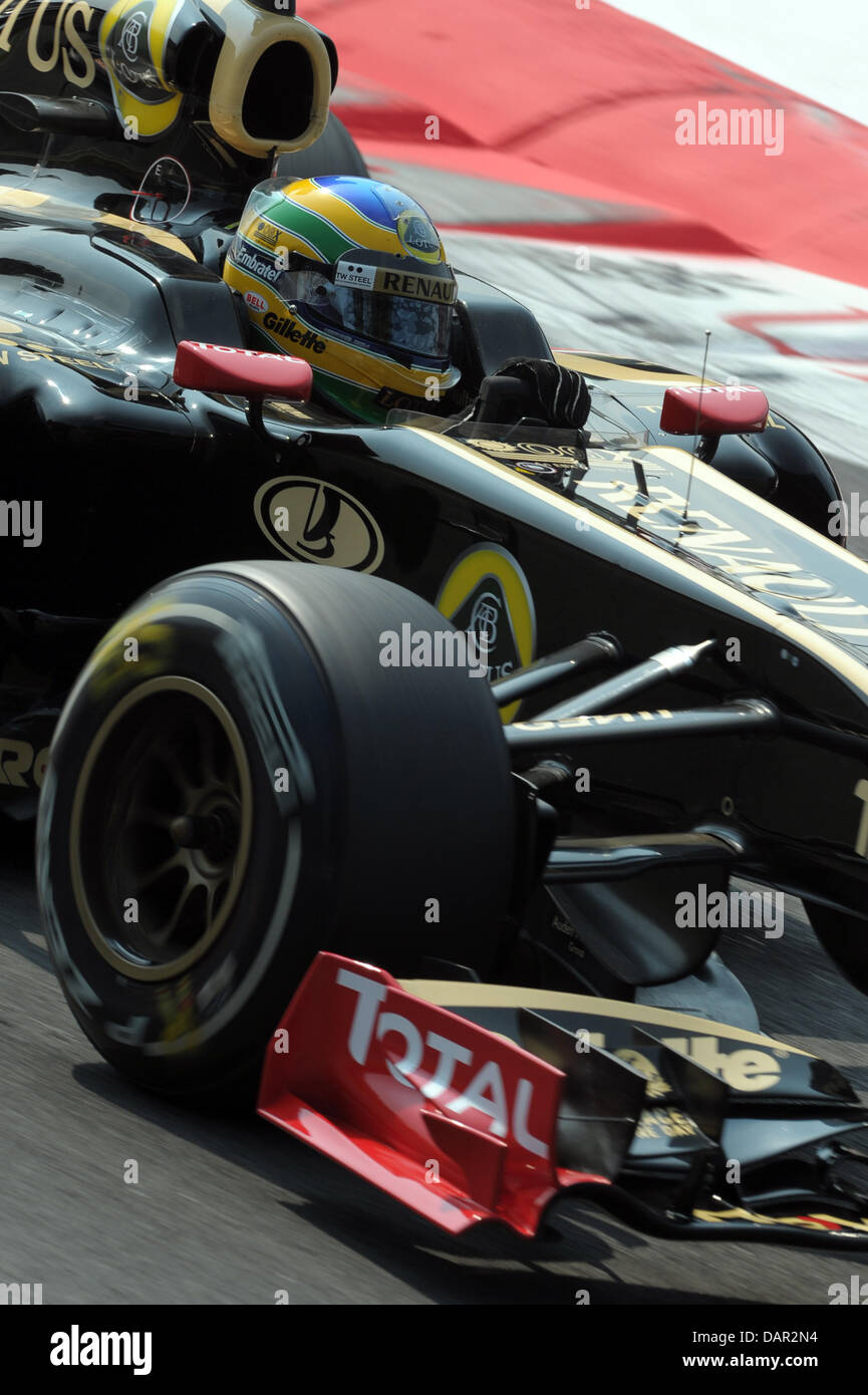 Brazilian Formula One driver Bruno Senna of Lotus Renault steers his