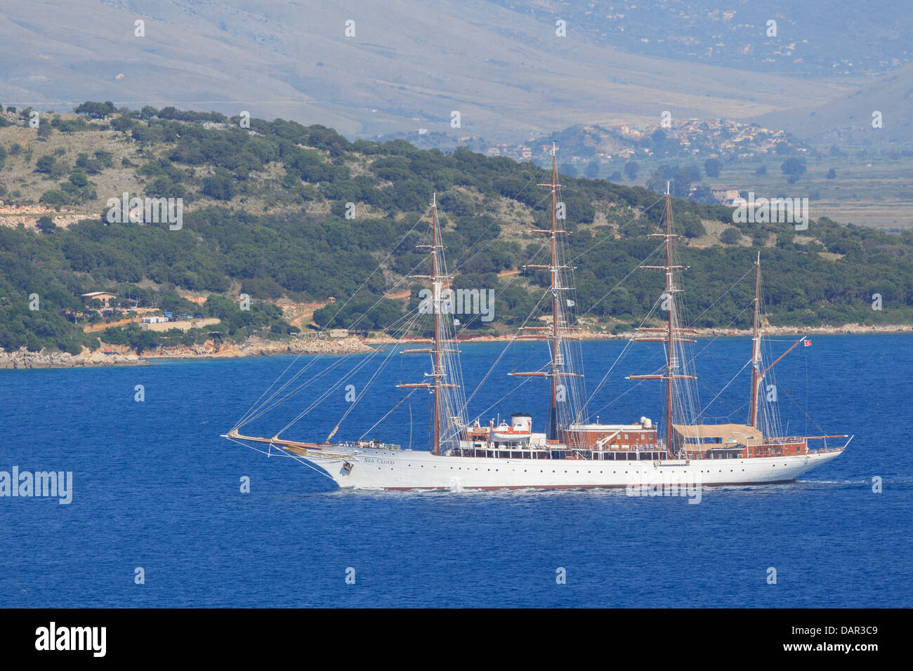 Sea Cloud luxury cruise ship sailing through the straits between Corfu and Albania Stock Photo