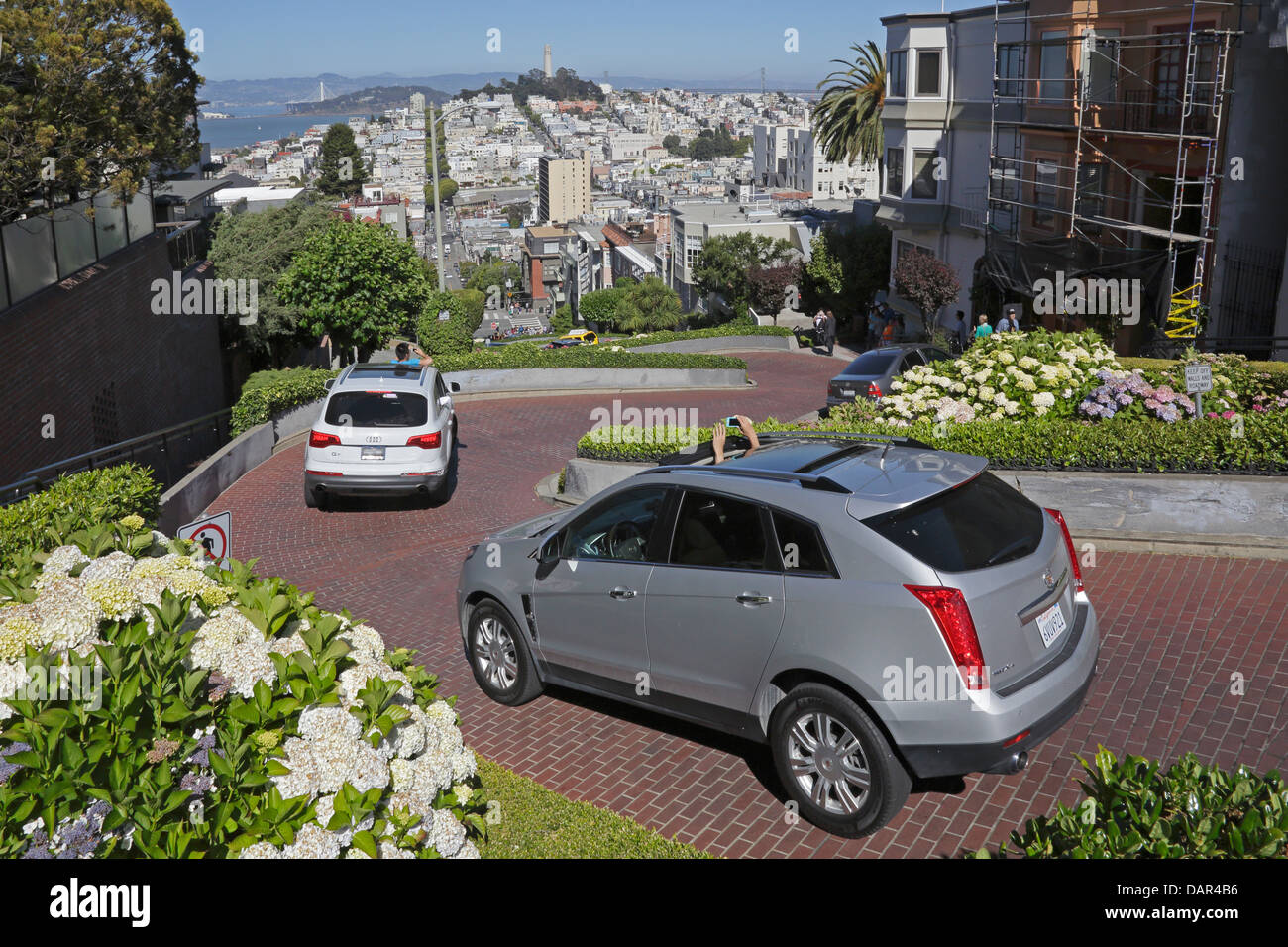 Cars descending Lombard Street in San Francisco California Stock Photo