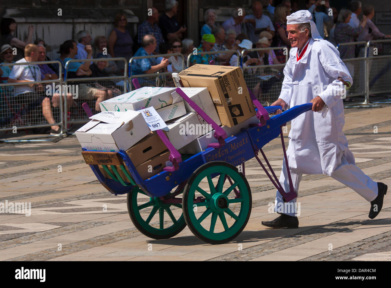 London, UK. 17th July, 2013. A Smithfield Bummaree and his cart arrive at the Worshipful Company of Carmen annual Cart Marking Ceremony at Guildhall, London. Credit:  Paul Davey/Alamy Live News Stock Photo