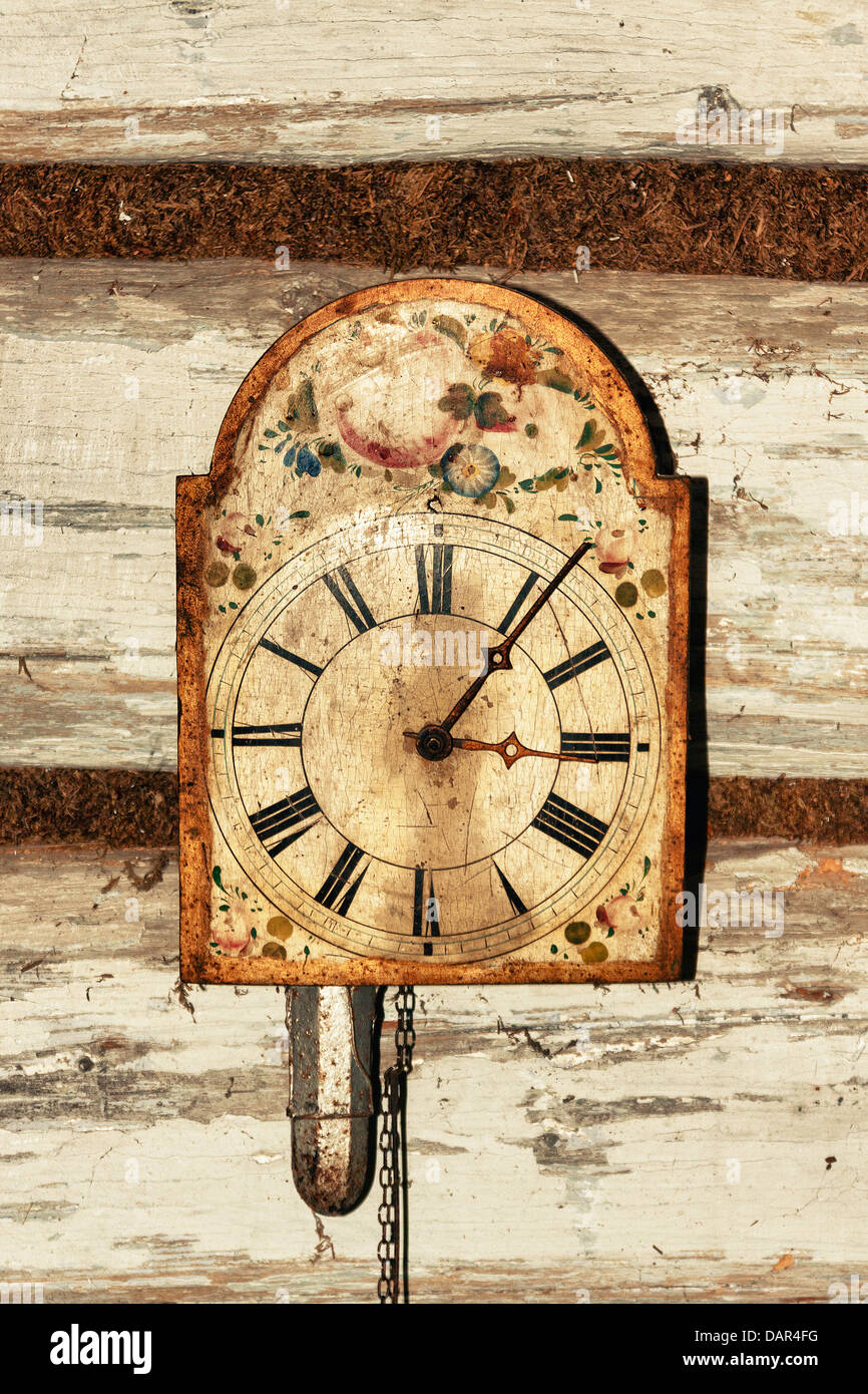 Old clock in The Orava Ethnographic Park Museum in Zubrzyca Górna, Poland Stock Photo