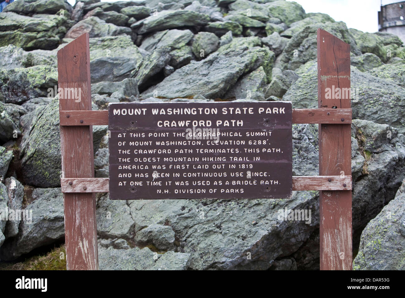 A sign indicates the end of the Crawford Path at the summit of the Mount Washington in New
