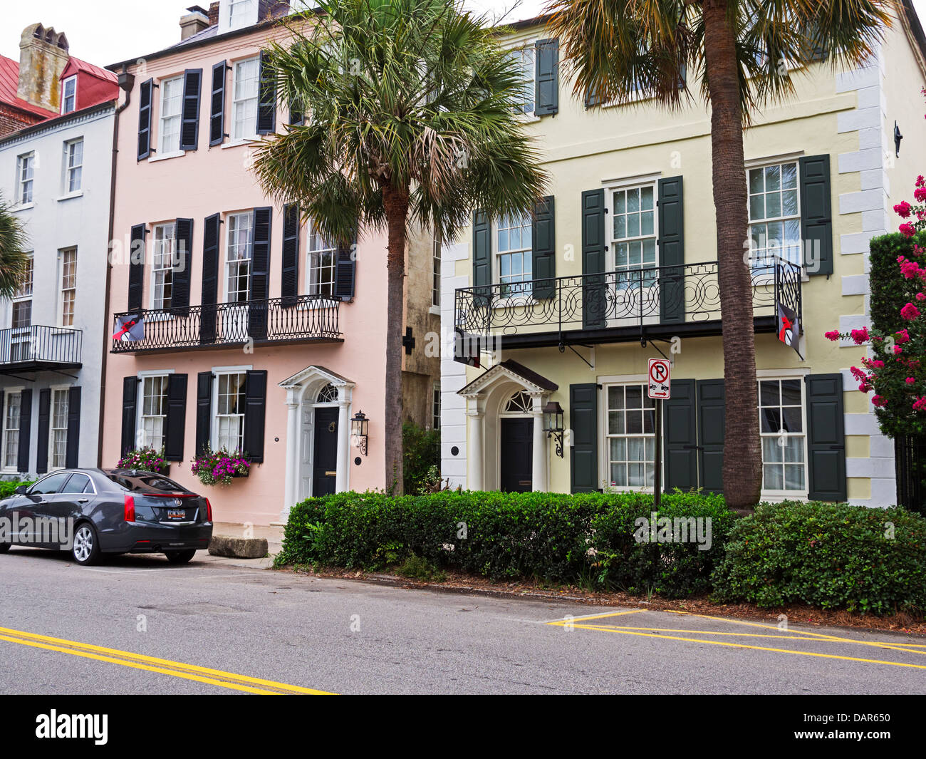 Houses in Rainbow Row, Charleston, South Carolina. Historic houses were renovated and painted in pastel colours. Stock Photo