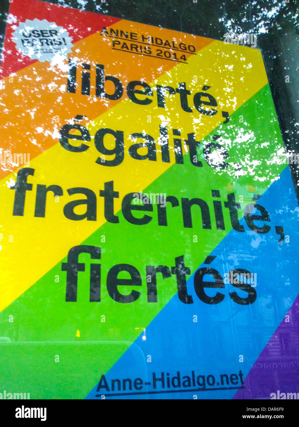 Paris, France, Window of French Socialist Party Candidate for Mayor Election, with Gay Rainbow Flag, in the Marais, 'Anne Hidalgo',  Iphoneography Photo, Socialist Labor Party Stock Photo